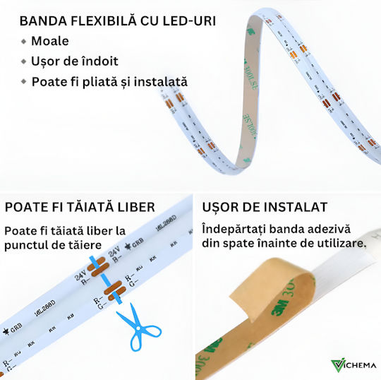 Kit Bandă LED Pureglow 24V RGB COB Vichema 576 LED-uri/M Interior Luminozitate Mare Silicon Gros Fără Pete Întunecate Unghi de Lumină 180° Flexibil Sincronizare Muzică Control prin Aplicație Telecomandă Sursă de Alimentare 24W 5m