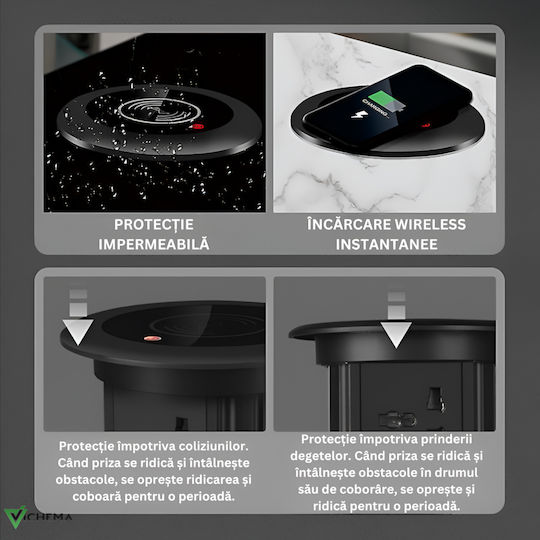 Vichema Pop-up Smart Rise Socket Built-in Countertops Furniture Office Smart Charging From Tempered Glass Aluminum Alloy 1x Bluetooth Speaker Tower Eu Socket Usb-c