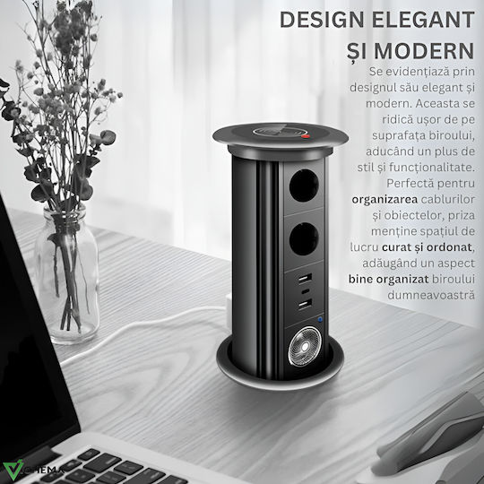 Vichema Pop-up Smart Rise Socket Built-in Countertops Furniture Office Smart Charging From Tempered Glass Aluminum Alloy 1x Bluetooth Speaker Tower Eu Socket Usb-c