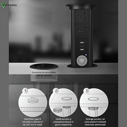 Vichema Pop-up Smart Rise Socket Built-in Countertops Furniture Office Smart Charging From Tempered Glass Aluminum Alloy 1x Bluetooth Speaker Tower Eu Socket Usb-c
