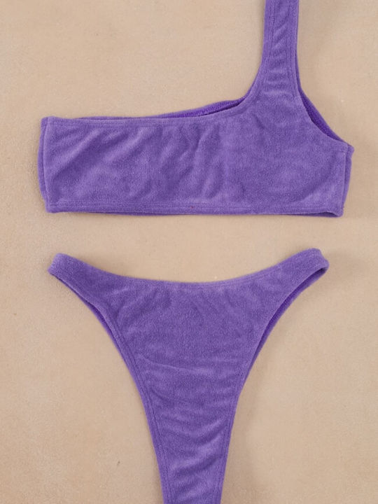 Terry Bikini Set One Shoulder High Waist Purple