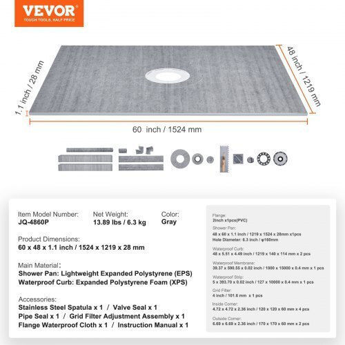 Vevor Керамично душ 121.9x152.4см Сив