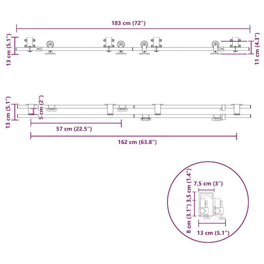 vidaXL Μηχανισμός Συρόμενης Μεσόπορτας 183cm Ασημί