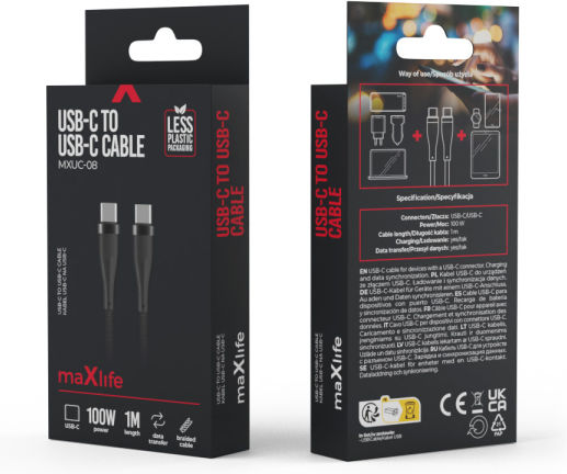 Maxlife MXUC-08 Braided USB 2.0 Cable USB-C male - USB-C 100W PD Μαύρο 1m