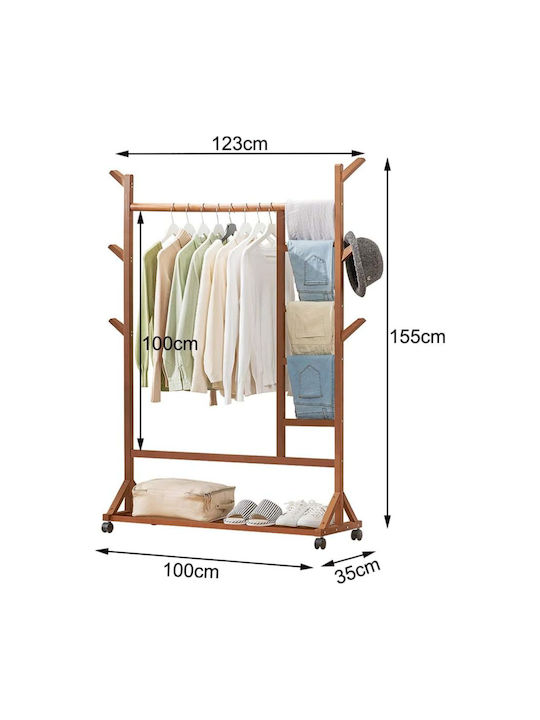 Quasar Wheeled Floor Garment Rack made of Bamboo Brown 100x35x155cm