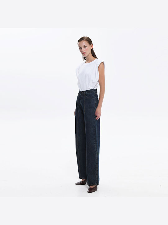 Sac & Co High Waist Women's Jean Trousers in Wide Line Dark Blue