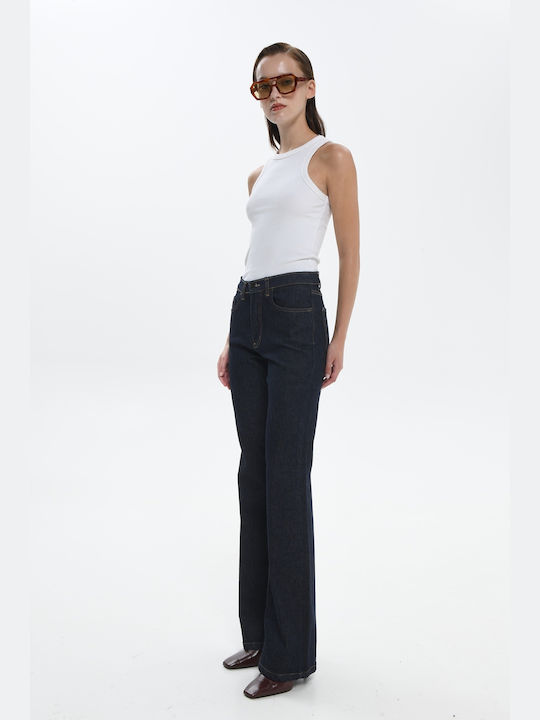 Sac & Co High Waist Women's Jean Trousers in Wide Line Dark Blue