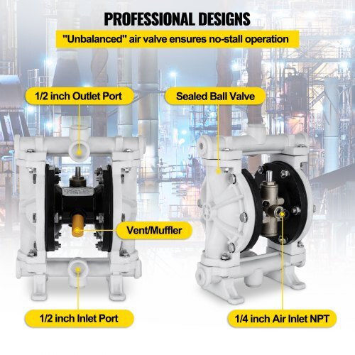 Air-Operated Double Diaphragm Pump Vevor 1/2" Polypropylene 2.5 Gpm 80 Psi PTFE Oil & Low Viscosity Fluids Ybgmbqby-15pp0001v0