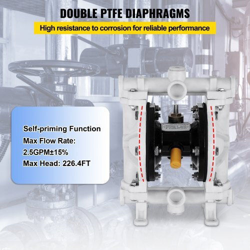 Air-Operated Double Diaphragm Pump Vevor 1/2" Polypropylene 2.5 Gpm 80 Psi PTFE Oil & Low Viscosity Fluids Ybgmbqby-15pp0001v0