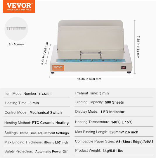 Vevor Μηχανή Βιβλιοδεσίας Σπιράλ για Δέσιμο max 500 Φύλλων JZJ20500Z126NIUG7V2