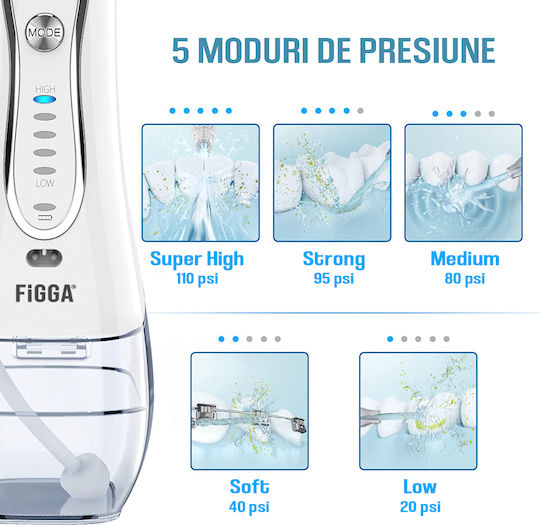 Figga Oral-f101 Irigator Profesional Portabil pentru Igiena Orală 8 Capete Baterie 2500 mAh 5 Viteze Rezervor 300 ml IPX7 Rezistent la Apă Protecție Împotriva Supraîncălzirii Geantă de Depozitare Alb