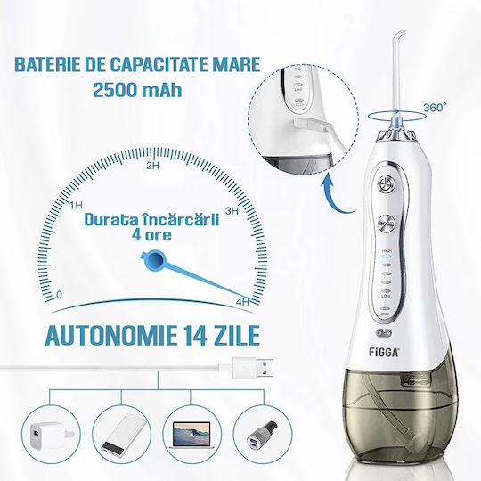 Figga Oral-f101 Irigator Profesional Portabil pentru Igiena Orală 8 Capete Baterie 2500 mAh 5 Viteze Rezervor 300 ml IPX7 Rezistent la Apă Protecție Împotriva Supraîncălzirii Geantă de Depozitare Alb