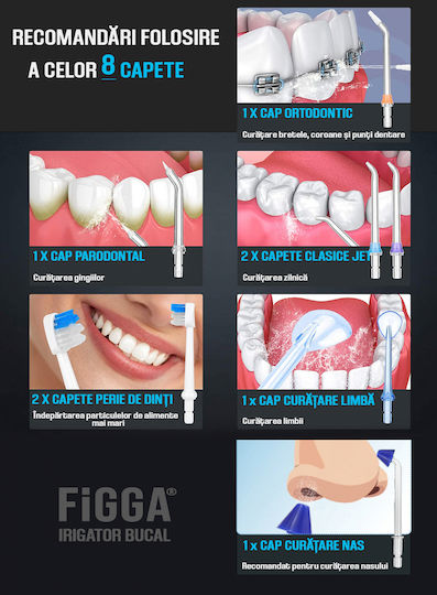Figga Oral-f101 Irigator Profesional Portabil pentru Curățarea Dentară cu 8 Capete, Baterie 2500 mAh, 5 Viteze, Rezervor de 300 ml, Rezistent la Apă IPX7, Protecție la Supraîncălzire, Geantă de Depozitare, Negru
