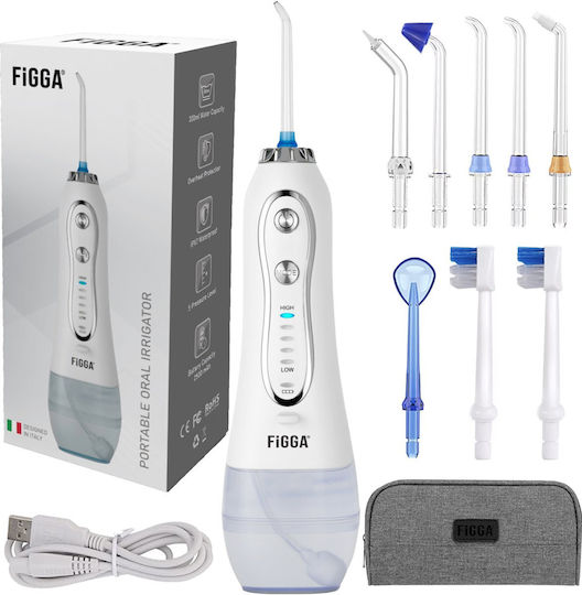 Figga Oral-f101 Irigator Profesional Portabil pentru Igiena Orală 8 Capete Baterie 2500 mAh 5 Viteze Rezervor 300 ml IPX7 Rezistent la Apă Protecție Împotriva Supraîncălzirii Geantă de Depozitare Alb