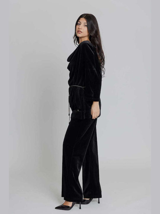 Velvet Blouse with Draped Neckline Black