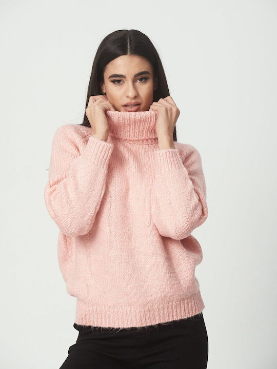 Women's Long Sleeve Sweater Woolen Turtleneck Pink