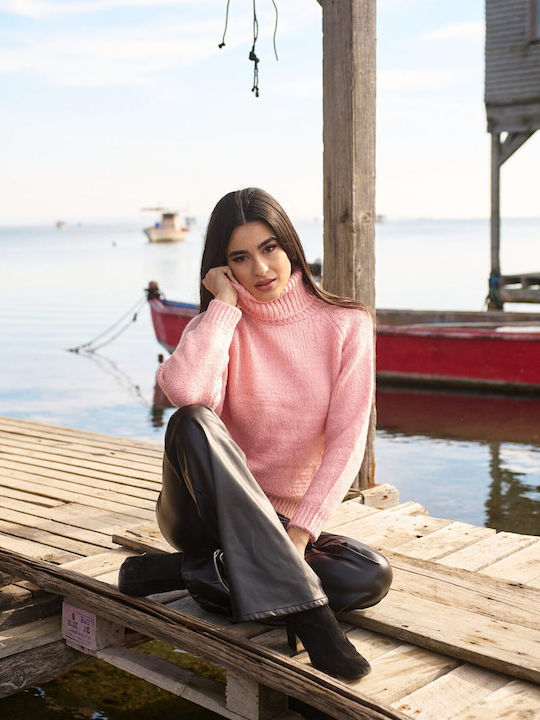 Women's Long Sleeve Sweater Woolen Turtleneck Pink