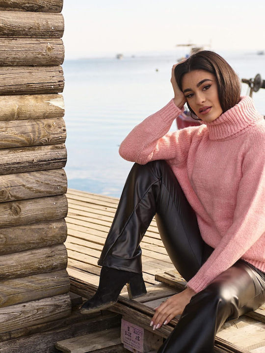 Women's Long Sleeve Sweater Woolen Turtleneck Pink