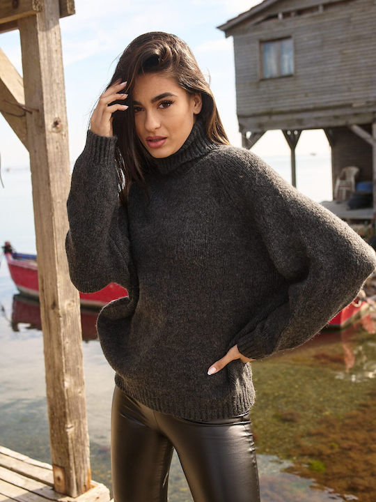 Women's Long Sleeve Sweater Woolen Turtleneck Gray