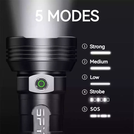 Spywolf Επαναφορτιζόμενος Φακός LED IP65 με Μέγιστη Φωτεινότητα 38000lm