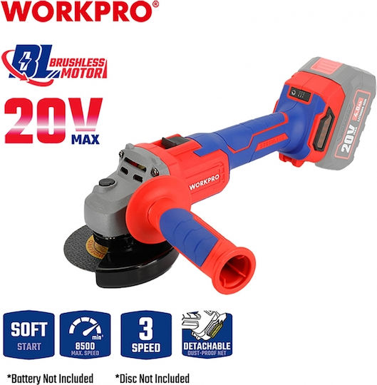 WorkPro WP392004 Polizor unghiular 125mm Baterie Fără perii cu Controlul Vitezei 20V Solo