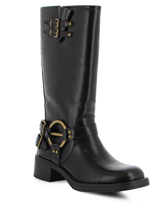 Leder Damenstiefel mit mittlerem Absatz Schwarz