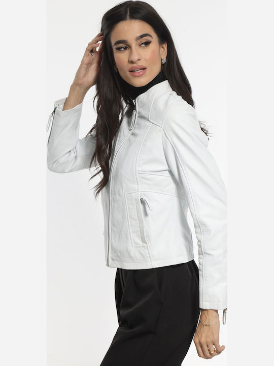 Women's Crop Lifestyle Leather Jacket for Winter White