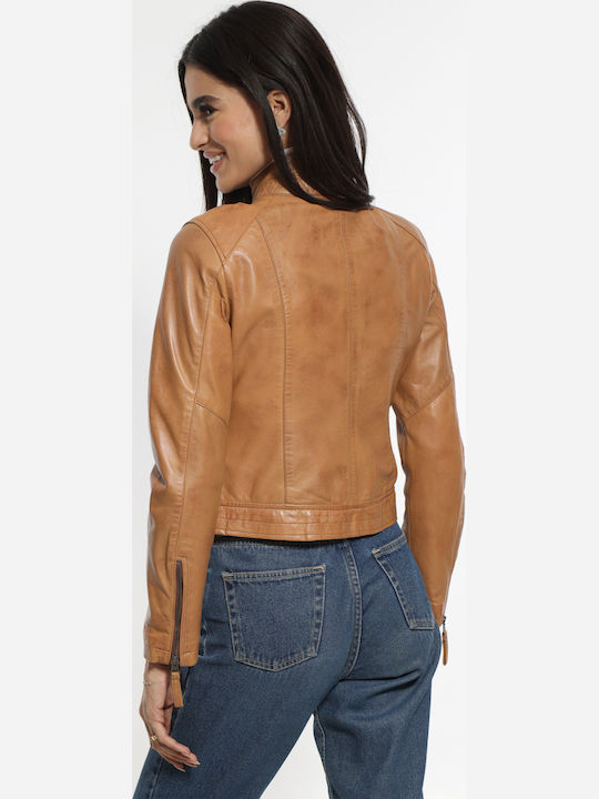 Women's Crop Lifestyle Leather Jacket for Winter Brown