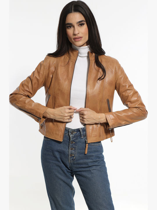 Women's Crop Lifestyle Leather Jacket for Winter Brown