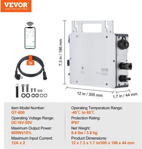 Vevor Ηλιακός Μικρομετατροπέας 600w Ip67 Απομακρυσμένη Παρακολούθηση Ip67wxbwnbqixfkwlv2