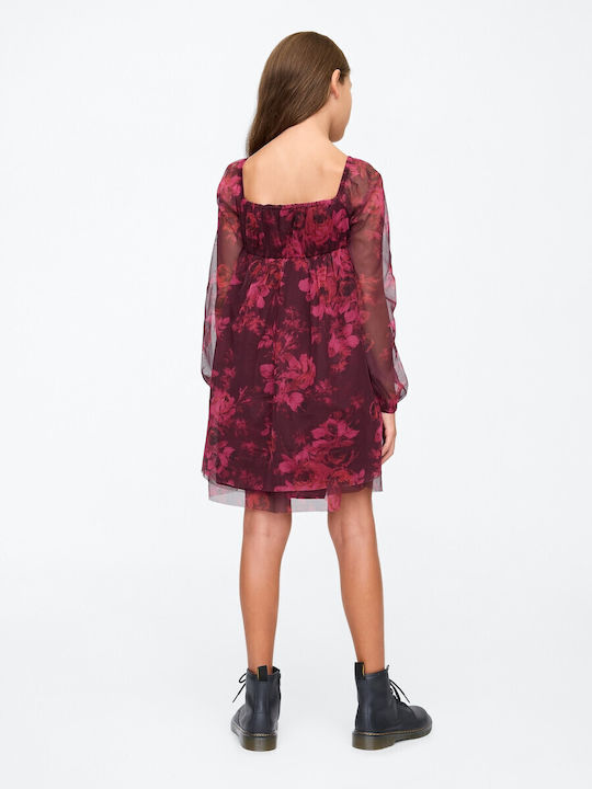 Mädchenkleid Langärmeliges Tüll Blumen Rosa