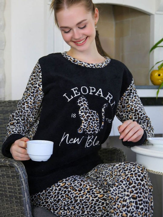 Join Damen-Pyjama Leopard Zweifarbig Schwarz
