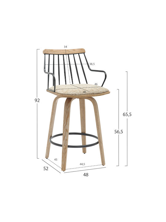 Stool Bar with Backrest Upholstered with Fabric Judi White Wash - Μαύρο - Μπεζ 48x52x92cm