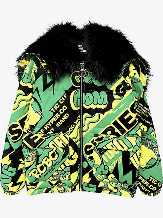 Κοντό Γυναικείο Puffer Μπουφάν για Χειμώνα Green/yellow