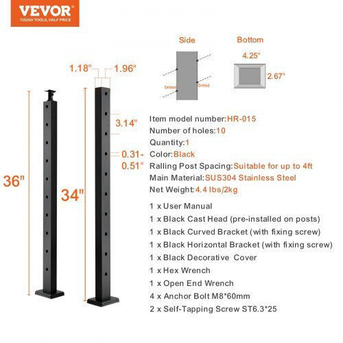 Vevor Railing Post 36x1x2in 30° Black 1pc 1jzlgzhs91424hs5gv0