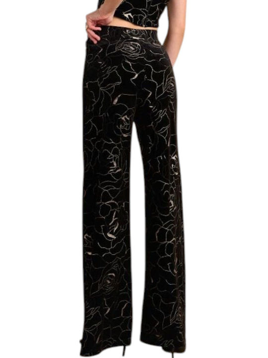 Attrattivo Women's Fabric Trousers Flare Floral Black