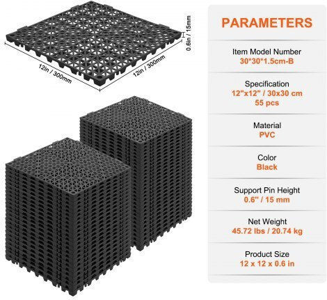 Set of 55 Matte Tile Drainage Vevor 30x30 cm Black Hzxsjdd1212yjt8w2v0