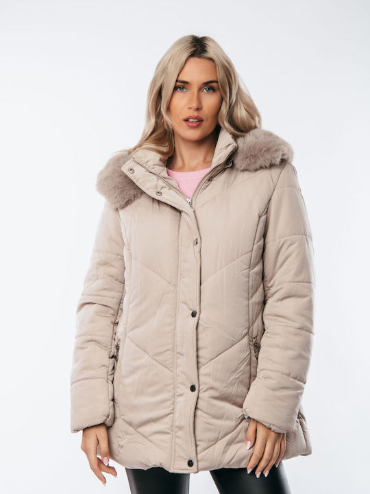 Dress Up Women's Short Lifestyle Jacket for Winter with Detachable Hood Beige