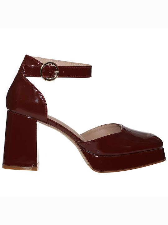 Malena Patent Leather Burgundy High Heels with Strap