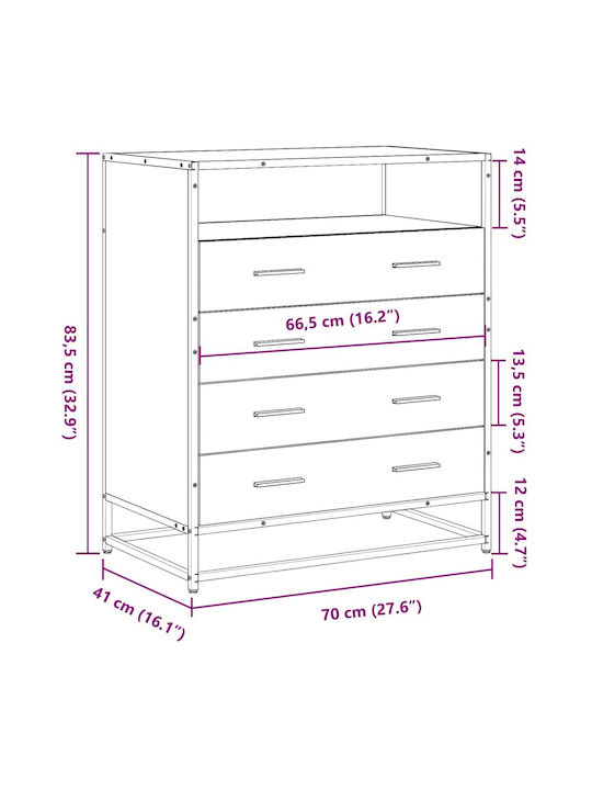 Wooden & Metallic Chest of Drawers Smoked Oak 70x41x70cm