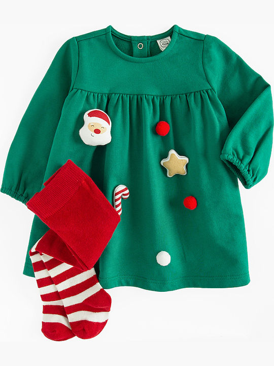 Children's Dress Long Sleeve Set with Tights Green