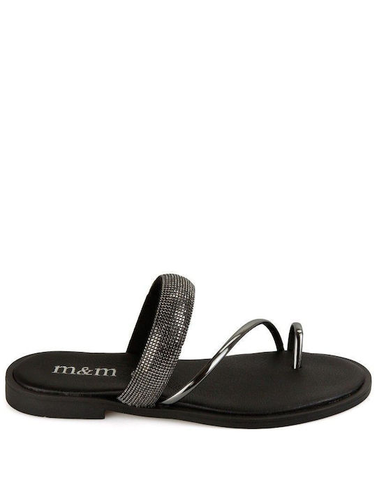 Black Leather Handmade Flat Sandal with Black Strass