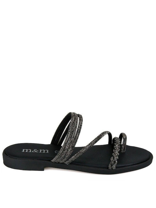 Black Leather Handmade Flat Sandal with Strass Black