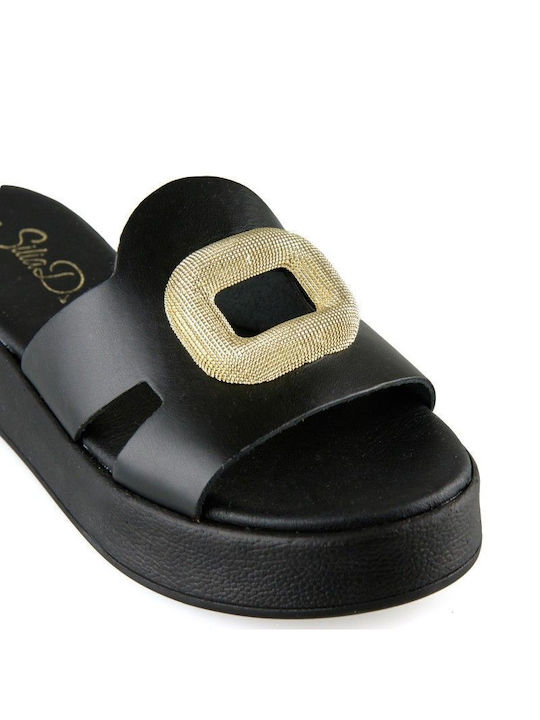 Silia D Leather Women's Flat Sandals Flatforms in Black Color