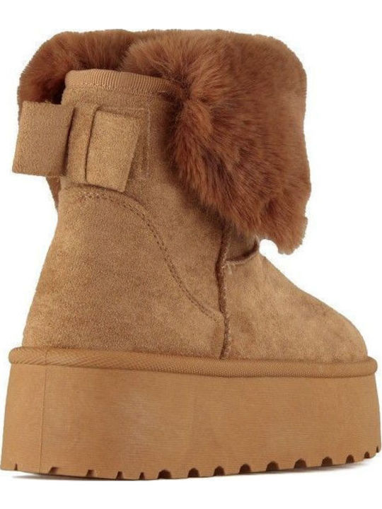 Suede Women's Ankle Boots with Fur Brown