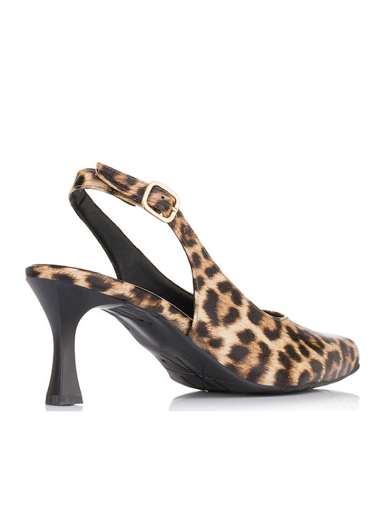 Leather Pointed Toe Brown Heels with Strap Animal Print