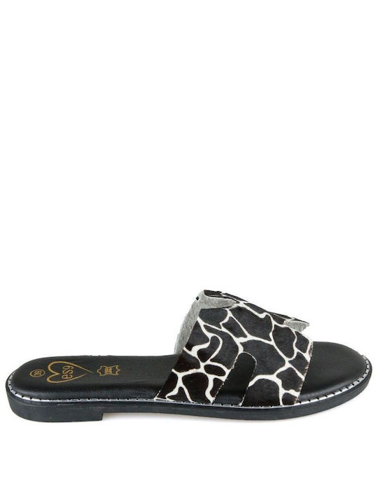 Black Leather Handmade Sandal Animal Print