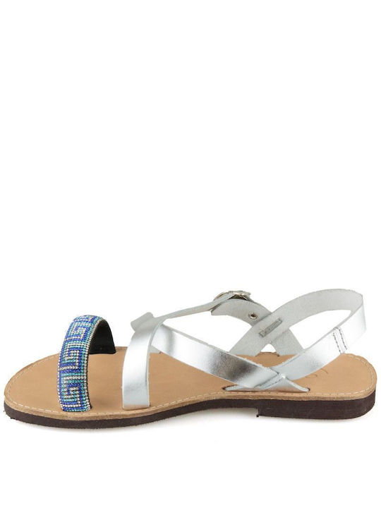 Silver Leather Handmade Flat Sandal with Strass