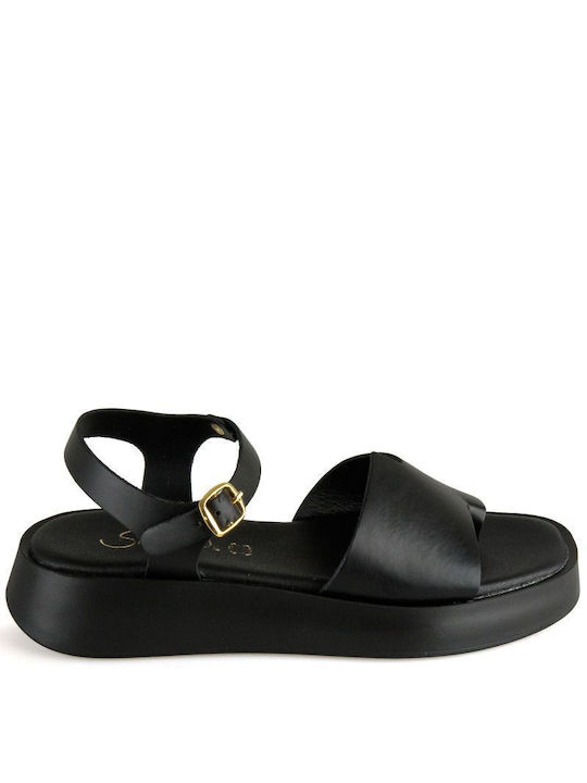 Black Leather Handmade Flatform Sandal