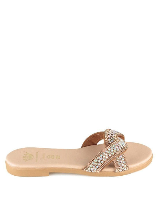 Bronze Leather Handmade Flat Sandal Strass